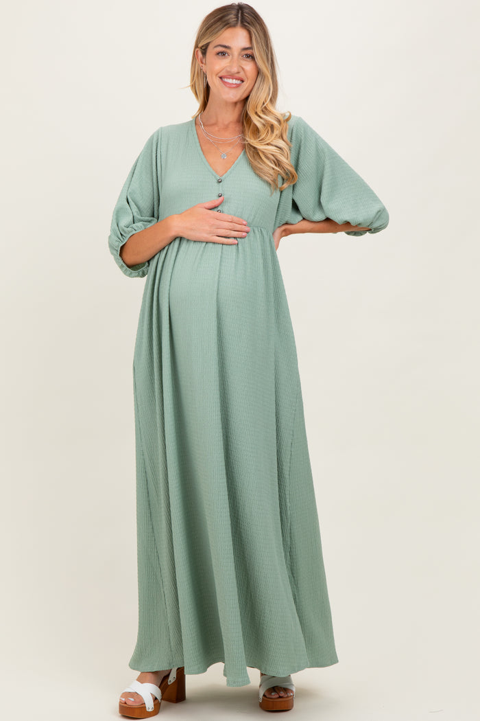 Sage Solid Woven 3/4 Sleeve V-Neck Button Down Maternity Maxi Dress