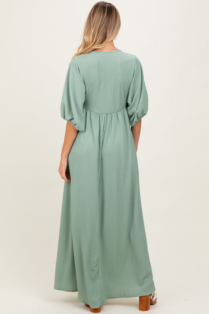 Sage Solid Woven 3/4 Sleeve V-Neck Button Down Maternity Maxi Dress