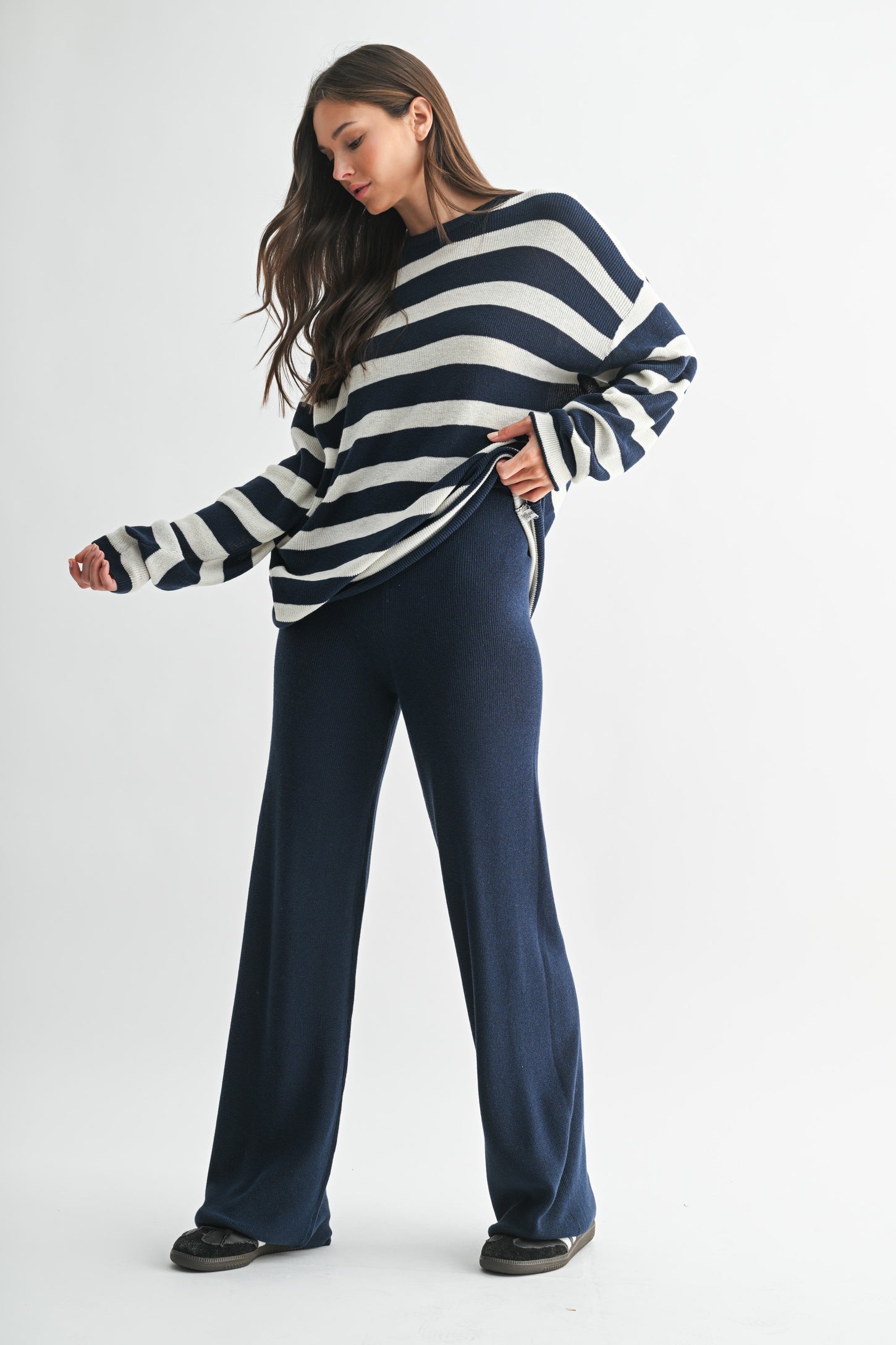 Navy Striped Long Sleeve Sweater Knit Pants Maternity Set