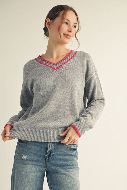 Heather Grey Contrast Detail V-Neck Maternity Sweater