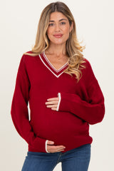Burgundy Contrast Detail V-Neck Maternity Sweater