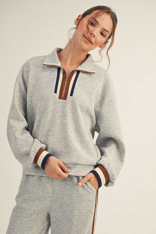 Heather Grey Contrast Trim Half Zip Maternity Sweatshirt
