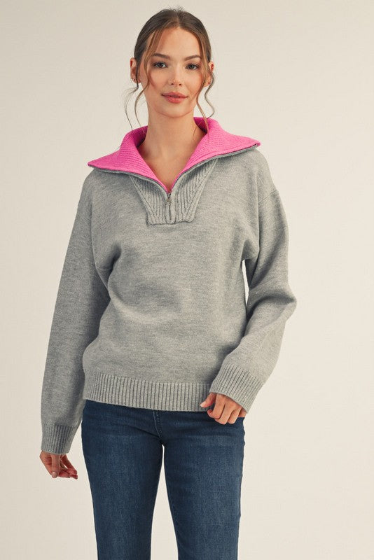 Heather Grey Contrast Collar Half Zip Maternity Sweater