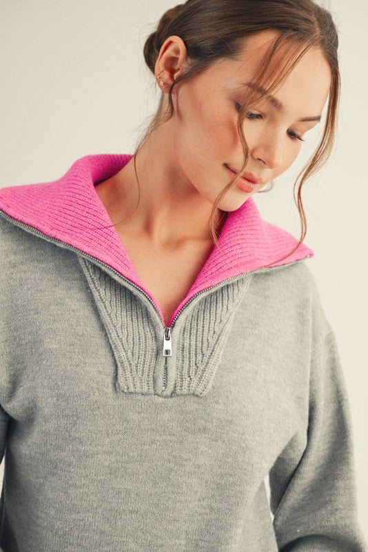 Heather Grey Contrast Collar Half Zip Sweater