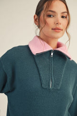 Dark Teal Contrast Collar Half Zip Sweater