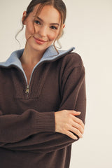 Brown Contrast Collar Half Zip Sweater
