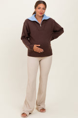 Brown Contrast Collar Half Zip Maternity Sweater