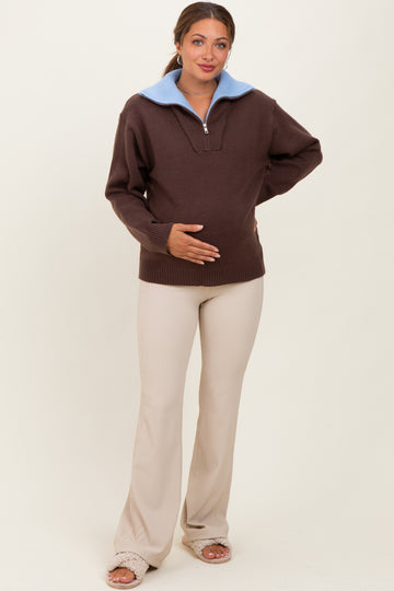 Brown Contrast Collar Half Zip Maternity Sweater