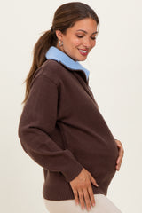 Brown Contrast Collar Half Zip Maternity Sweater