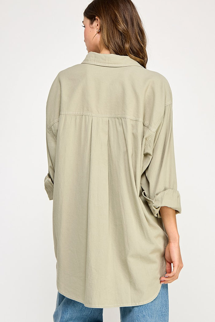 Light Olive Chambray Button Down Top