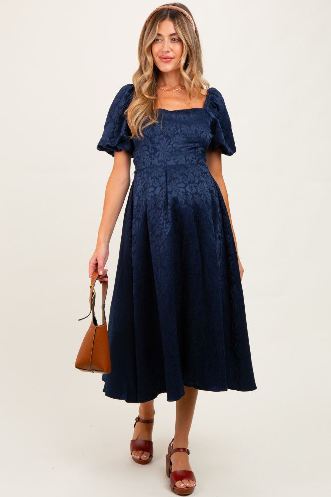 Navy Floral Jacquard Puff Sleeve Maternity Midi Dress