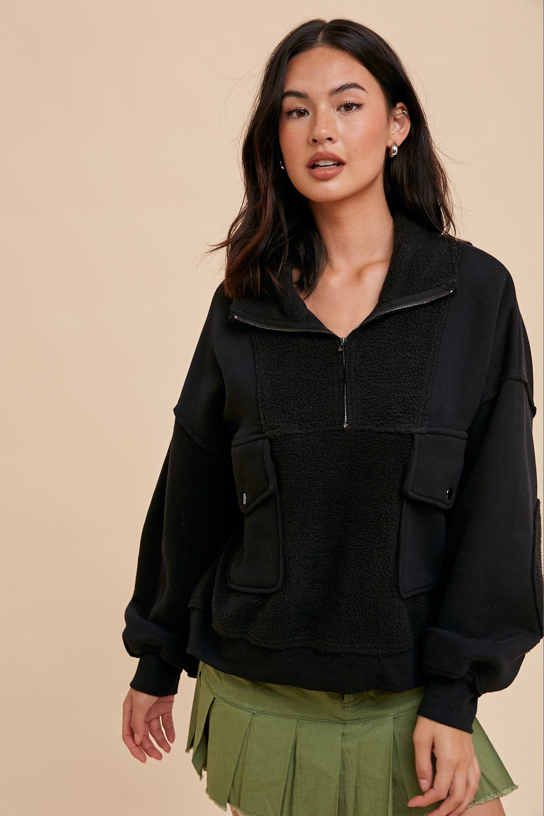 Black Contrast Reversed Fleece 1/4 Zip Pullover