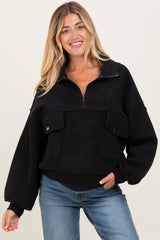 Black Contrast Reversed Fleece 1/4 Zip Maternity Pullover