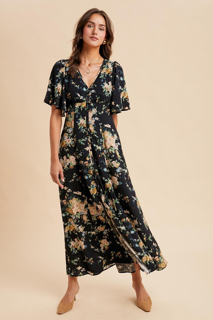 Navy Floral Flutter Button Down Maternity Maxi Dress