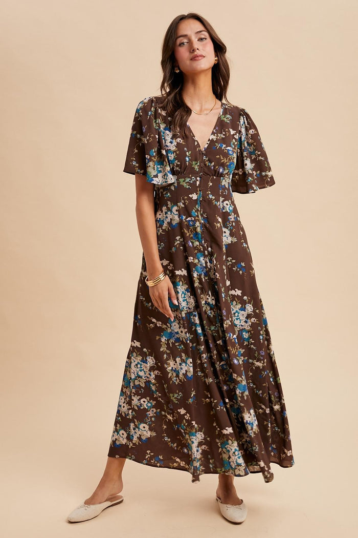 Brown Floral Flutter Button Down Maternity Maxi Dress