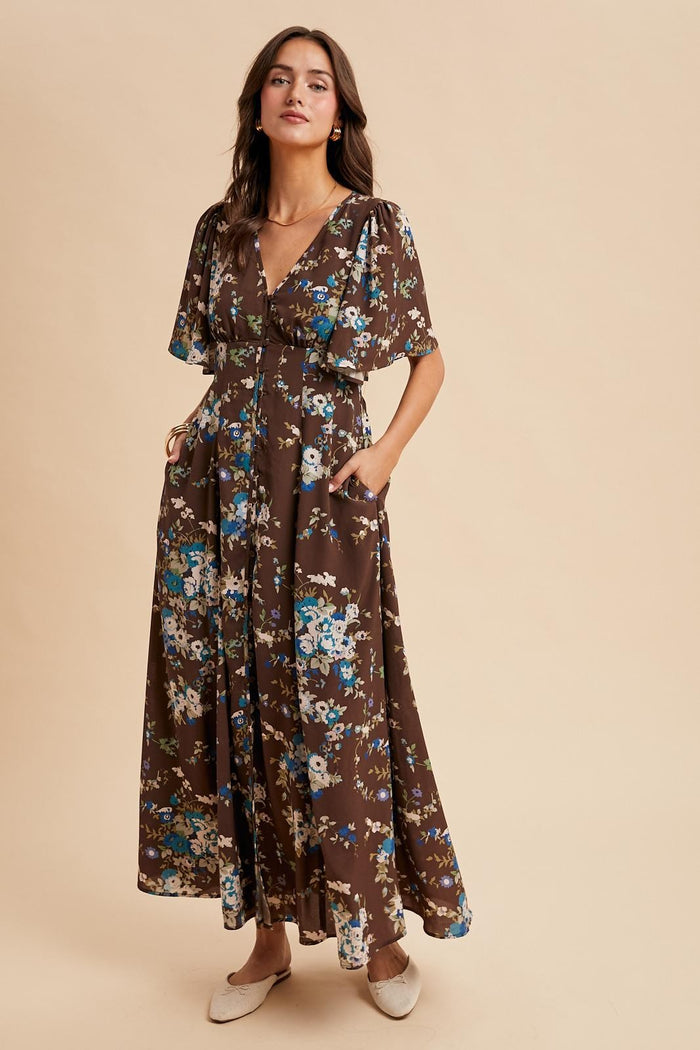 Brown Floral Flutter Button Down Maxi Dress