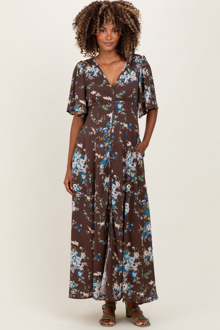 Brown Floral Flutter Button Down Maternity Maxi Dress