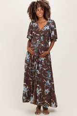 Brown Floral Flutter Button Down Maternity Maxi Dress