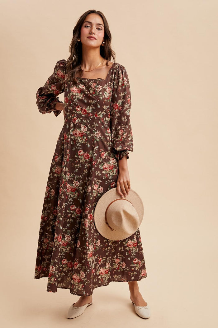 Brown Floral Square Neck Cotton Maxi Dress
