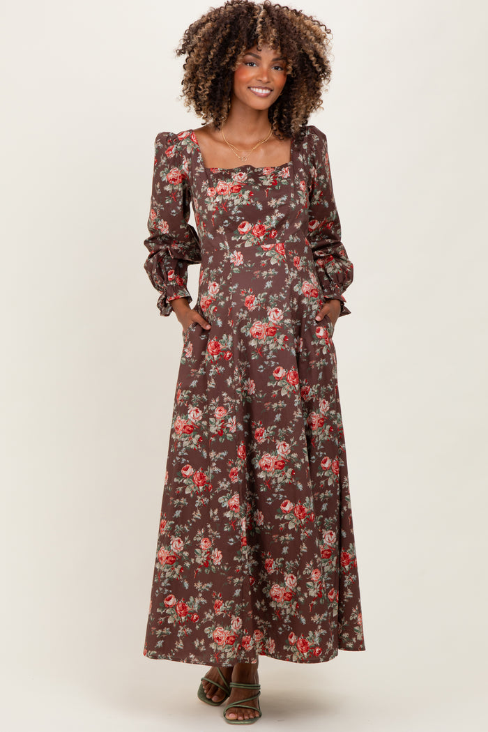 Brown Floral Square Neck Cotton Maternity Maxi Dress