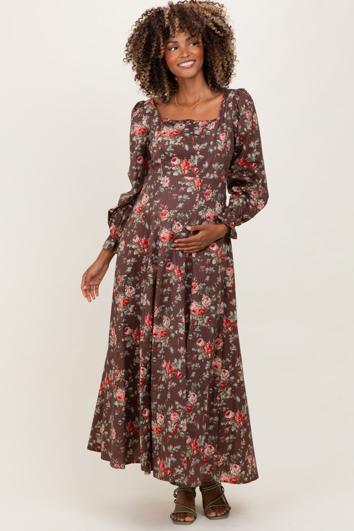 Brown Floral Square Neck Cotton Maternity Maxi Dress