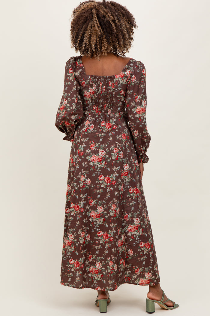 Brown Floral Square Neck Cotton Maternity Maxi Dress