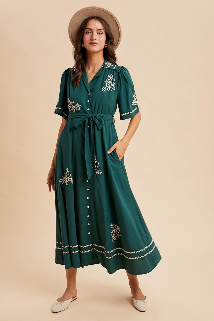 Emerald Embroidered Button Down Maternity Maxi Dress
