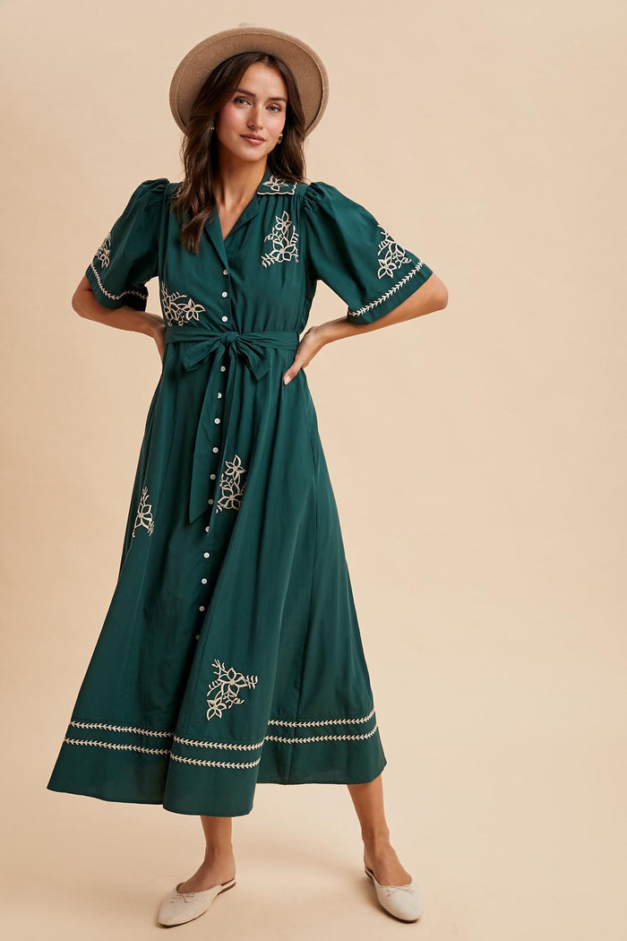 Emerald Embroidered Button Down Maxi Dress