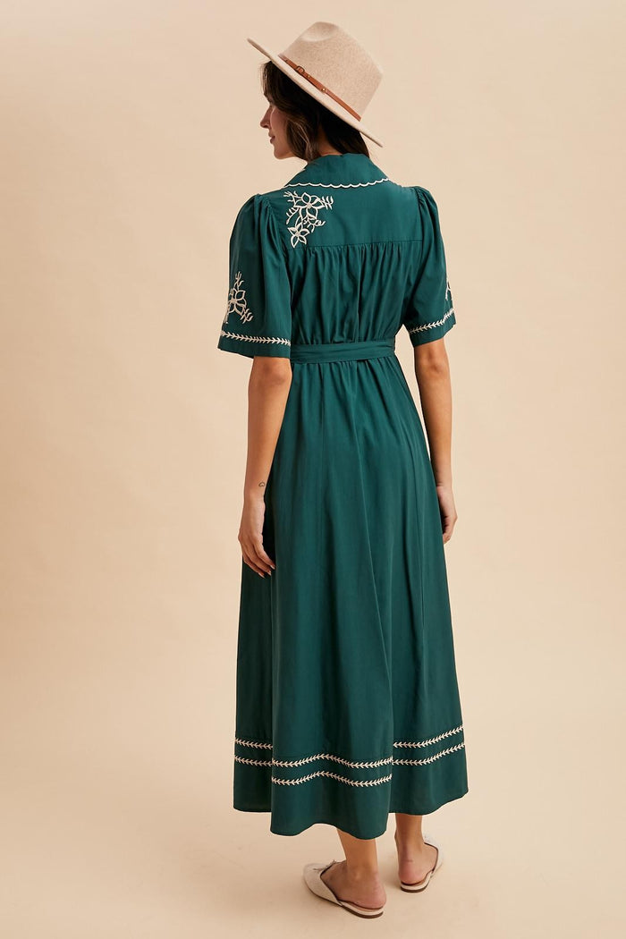 Emerald Embroidered Button Down Maxi Dress