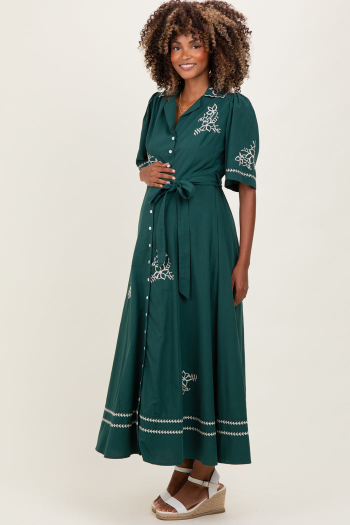 Emerald Embroidered Button Down Maternity Maxi Dress