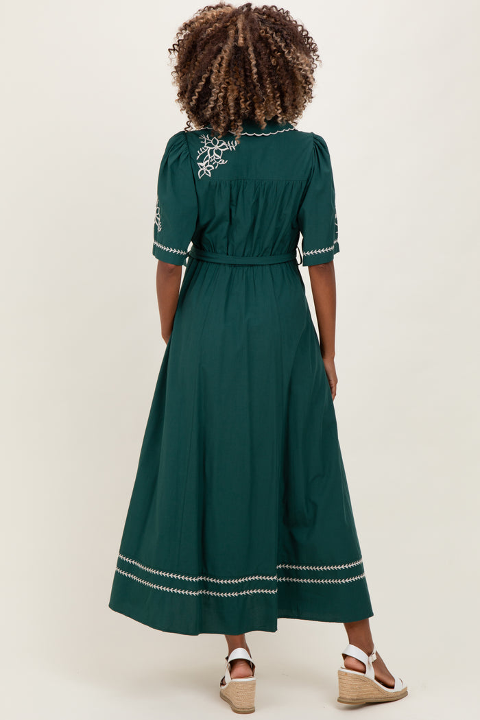 Emerald Embroidered Button Down Maternity Maxi Dress
