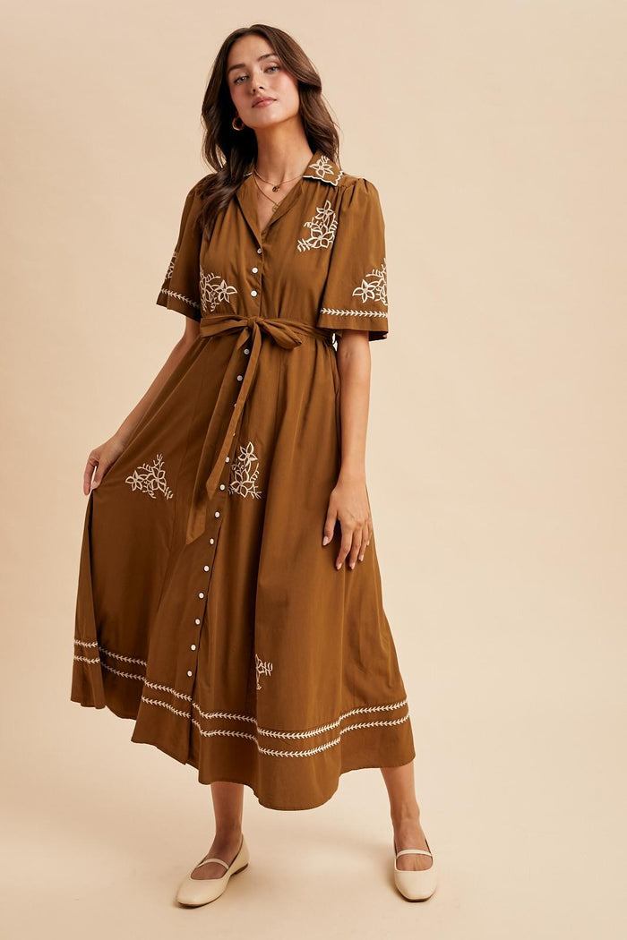 Brown Embroidered Button Down Maternity Maxi Dress
