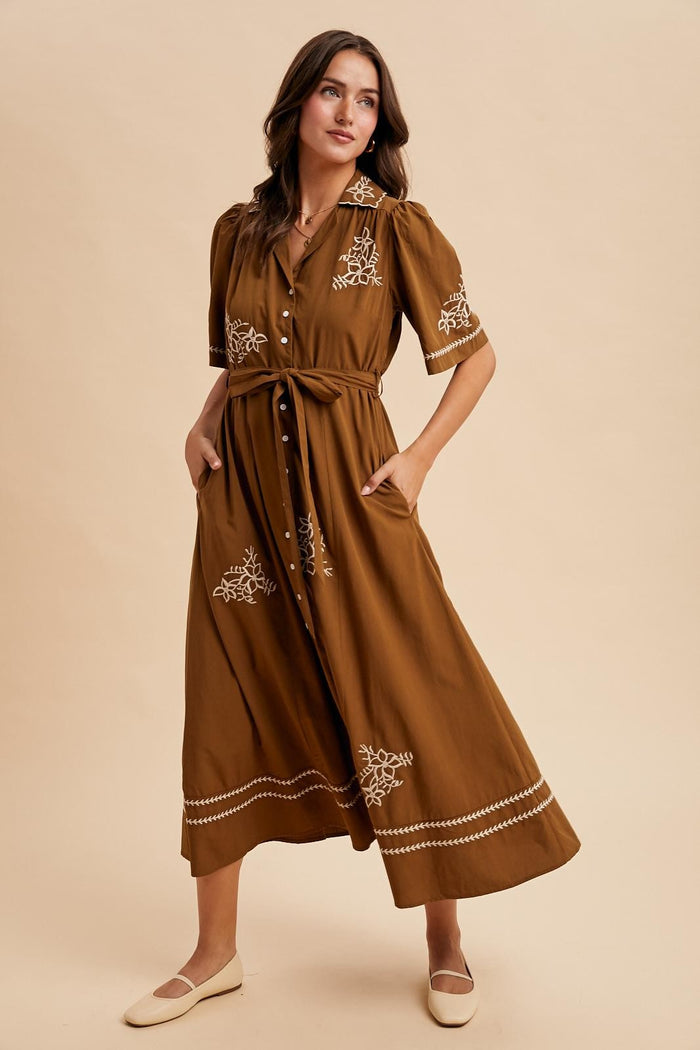 Brown Embroidered Button Down Maxi Dress