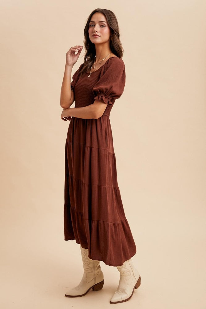 Brown Smocked Tiered Maxi Dress