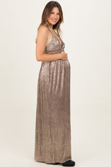 Mocha Gold Gold Foiled Plunging Maternity Maxi Dress