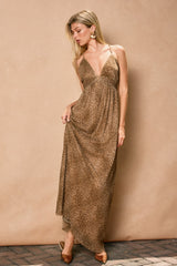 Bronzed Animal Print Plunging Maxi Dress
