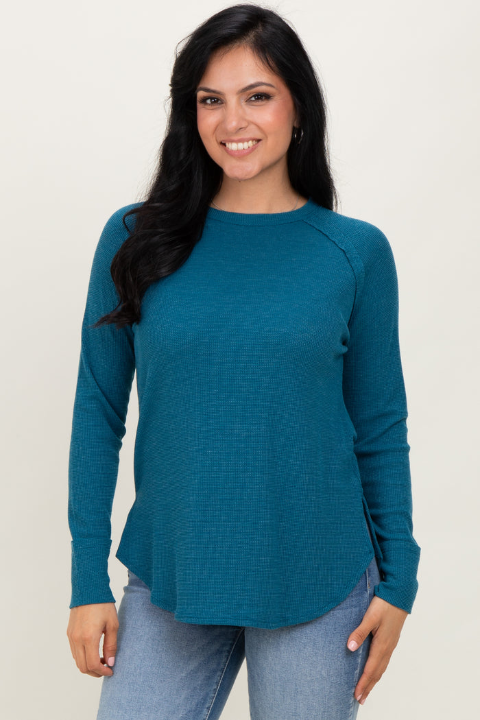 Teal Baby Waffle Knit Long Sleeve Maternity Top