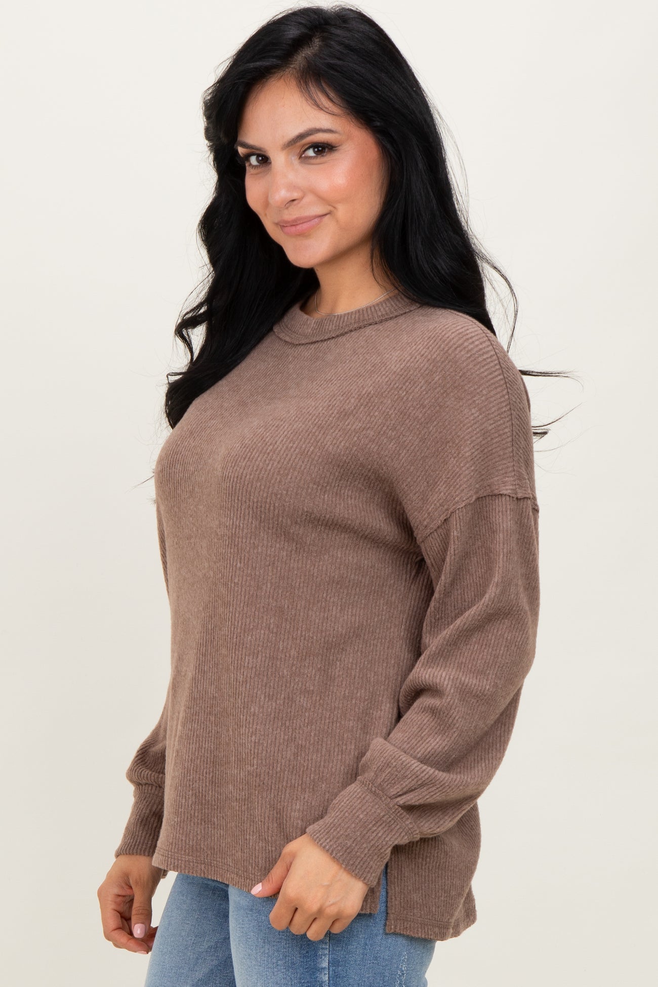Mocha Brushed Ribbed Knit Pullover