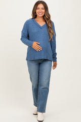 Dusty Blue Ribbed V-Neck Long Sleeve Maternity Top