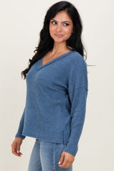Dusty Blue Ribbed V-Neck Long Sleeve Top