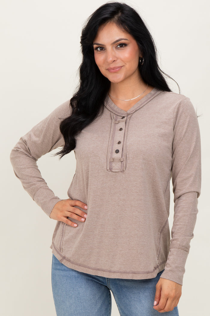 Heather Mocha Long Sleeve Exposed Seam Maternity Top