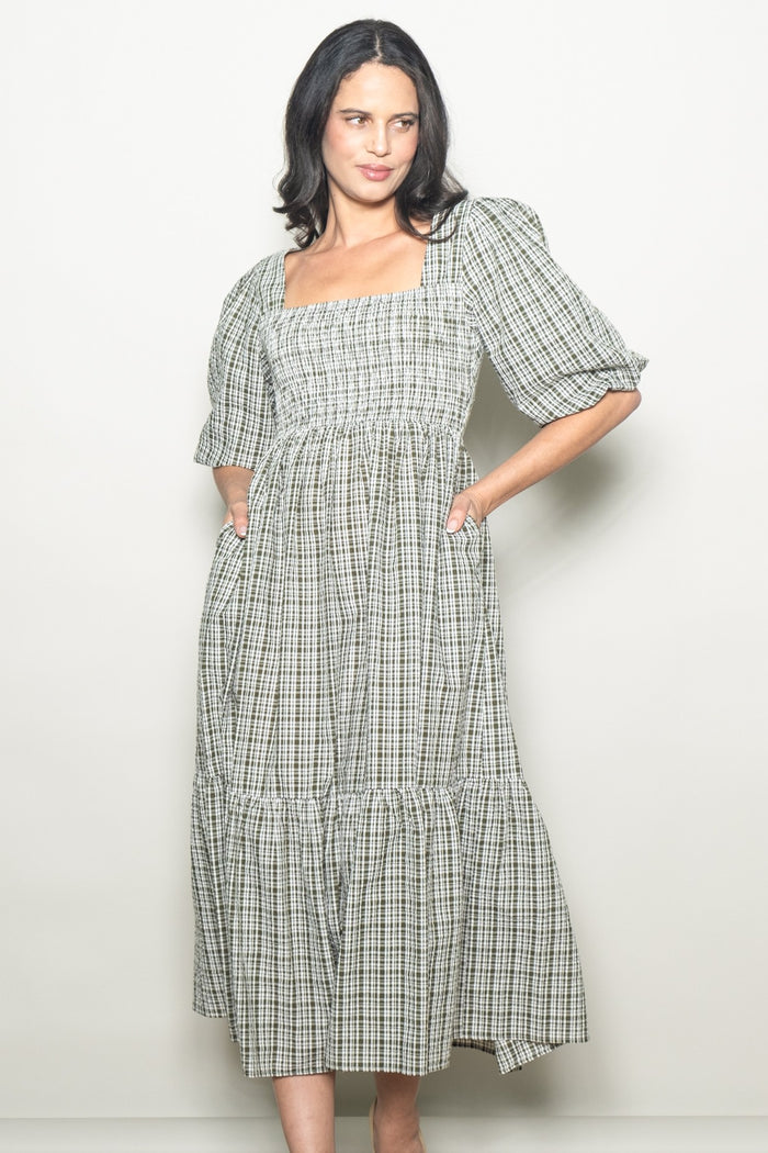 Sage Plaid  Bubble Sleeve Dress
