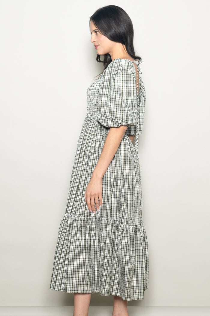 Sage Plaid  Bubble Sleeve Dress