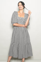 Black Plaid  Bubble Sleeve Dress