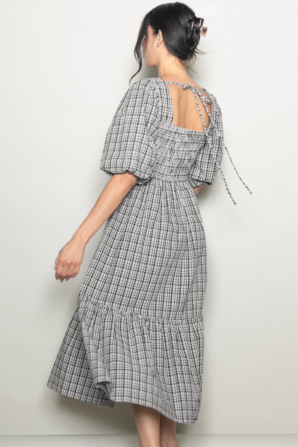 Black Plaid  Bubble Sleeve Dress