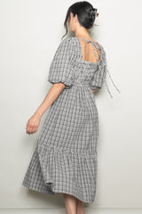 Black Plaid  Bubble Sleeve Dress