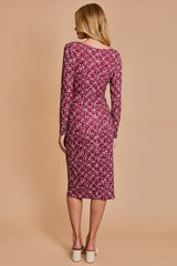 Wine Abstract Waist Tie Detail Long Sleeve Midi Dress