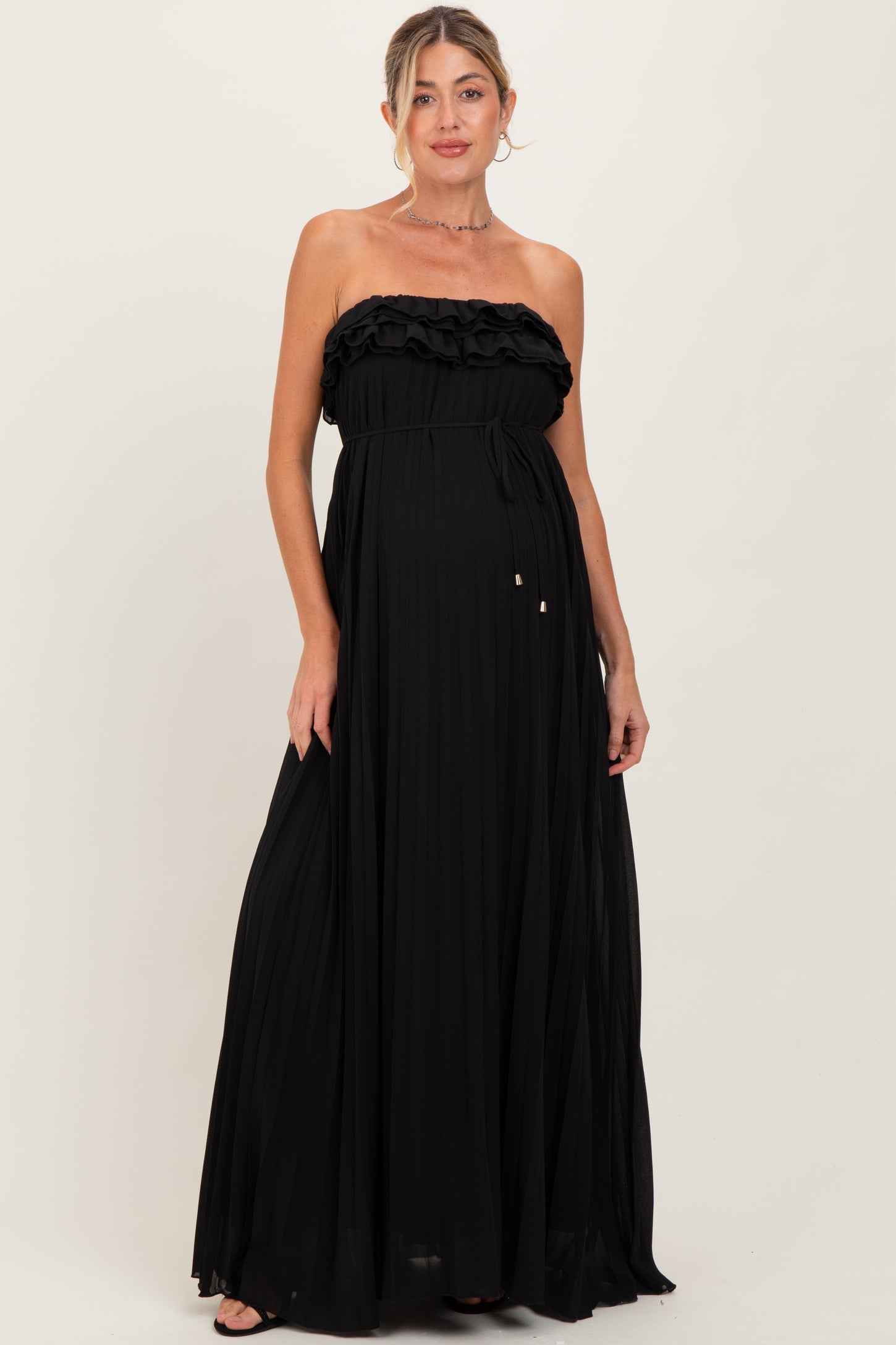 Black Ruffled Chest Pleated Maternity Maxi Dress With Self Tie