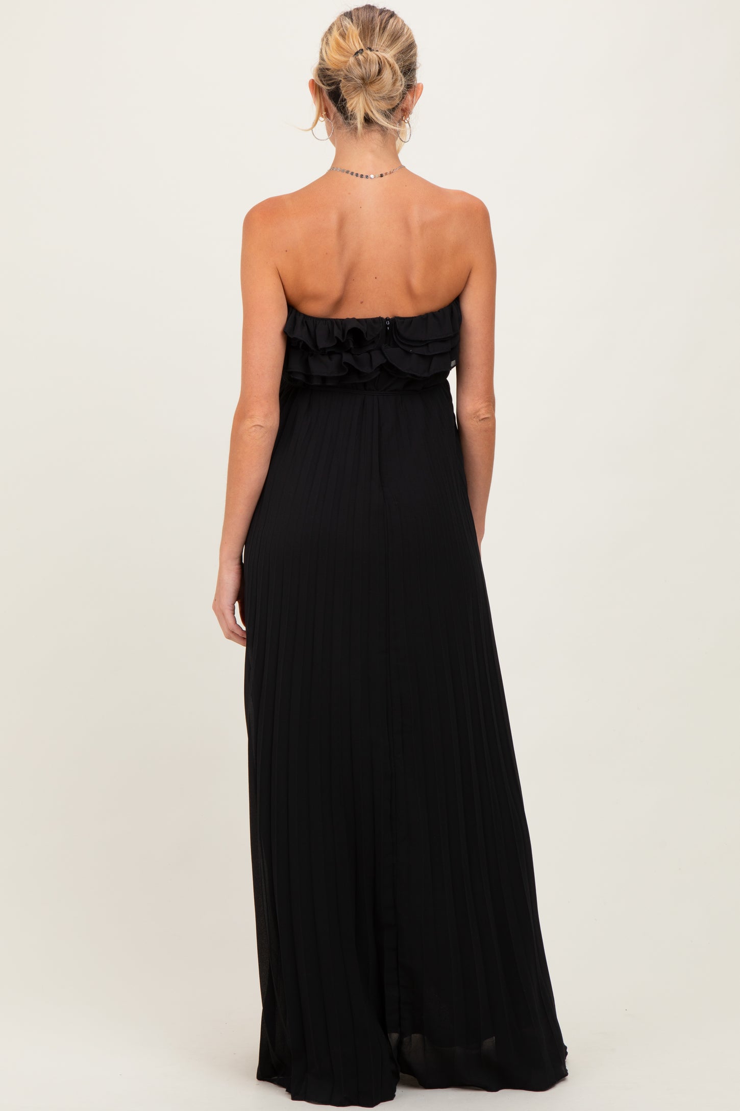 Black Ruffled Chest Pleated Maternity Maxi Dress With Self Tie