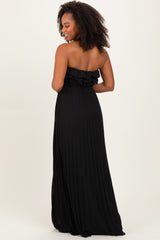 Black Ruffled Chest Pleated Maxi Dress With Self Tie